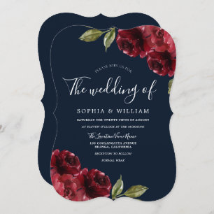 Romantic Burgundy Red Rose & Navy Blue Wedding Invitation
