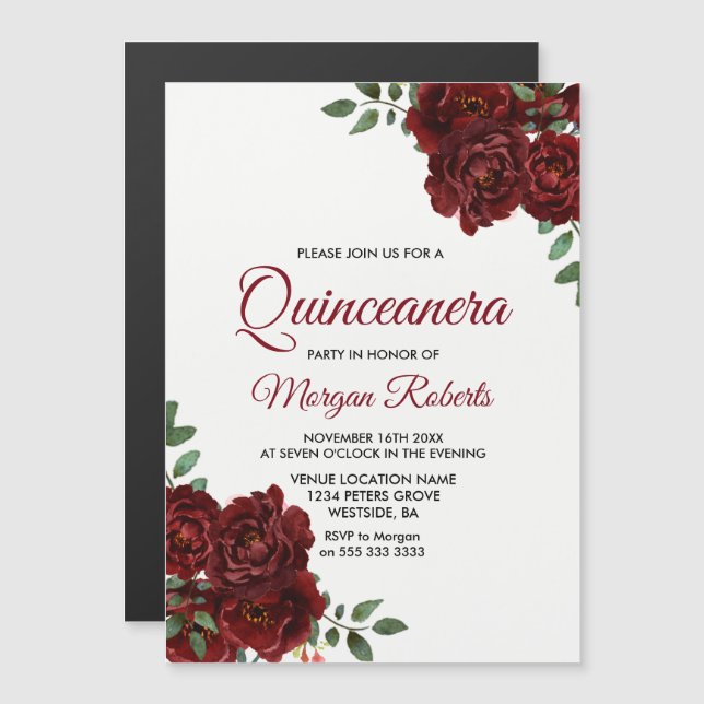 Romantic Burgundy Red Rose Quinceanera Party Magnetic Invitation (Front/Back)