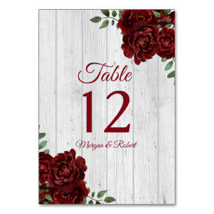 Romantic Burgundy Red Rose Rustic Wedding Table Number