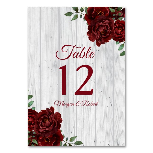 Romantic Burgundy Red Rose Rustic Wedding Table Number (Front)