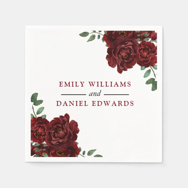 Romantic Burgundy Red Rose Wedding Engagement Napkin (Front)