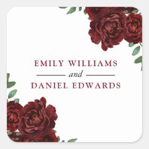 Romantic Burgundy Red Rose Wedding Engagement Square Sticker
