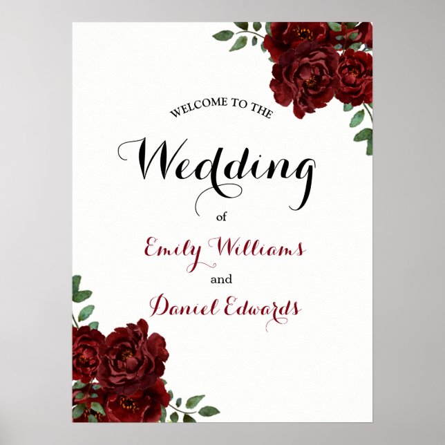 Romantic Burgundy Red Rose Wedding Sign (Front)