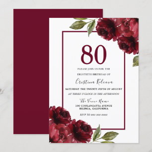 Romantic Burgundy Red Roses 80th Birthday Party Invitation