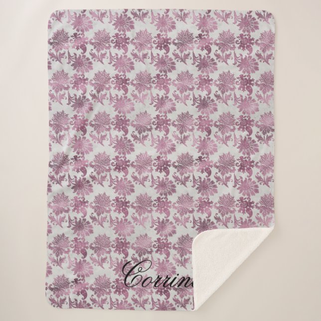 Romantic Burgundy Red Silver Floral  Sherpa Blanket (Front)