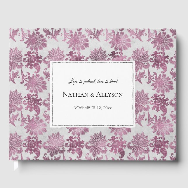 Romantic Burgundy Red Silver Floral Wedding Guest Book (Front)