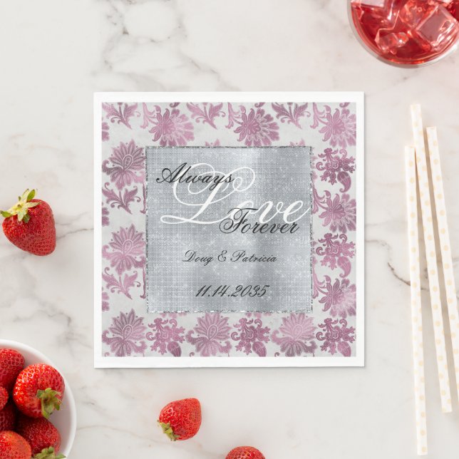 Romantic Burgundy Red Silver Floral Wedding Napkin (Insitu)