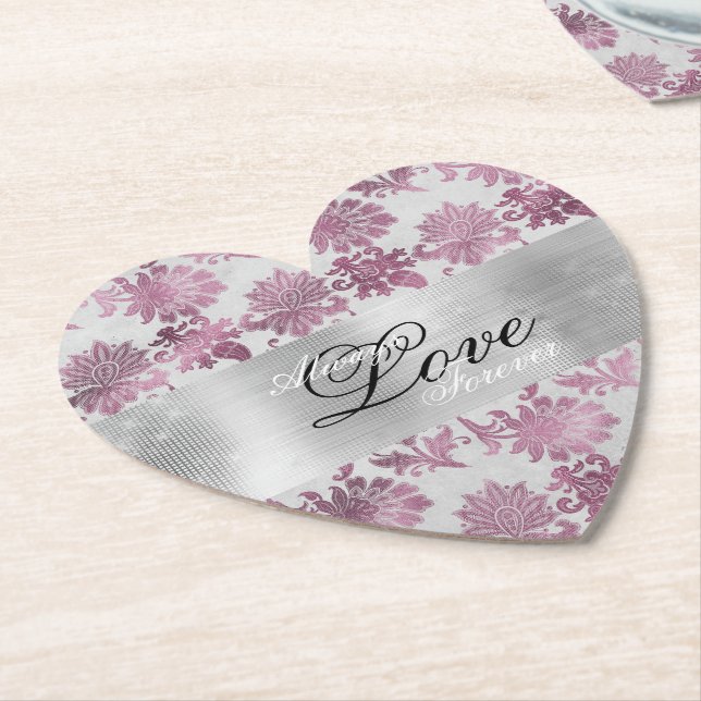 Romantic Burgundy Red Silver Floral Wedding Paper Coaster (Angled)
