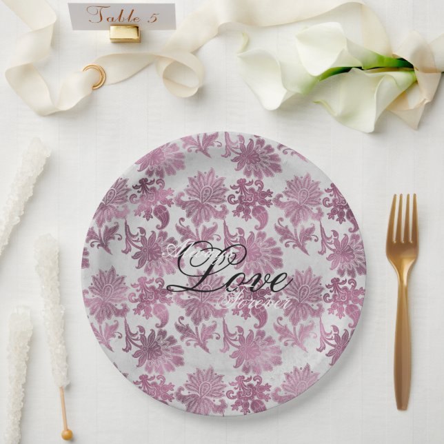 Romantic Burgundy Red Silver Floral Wedding Paper Plate (Wedding)