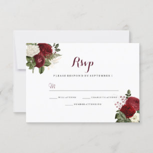 Romantic Burgundy Red White Floral Wedding RSVP