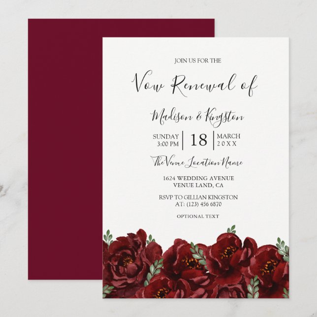 Romantic Burgundy Rose Vow Renewal Invitation (Front/Back)