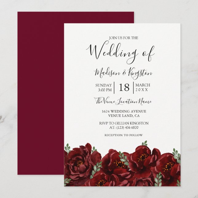 Romantic Burgundy Rose Wedding Invitation (Front/Back)