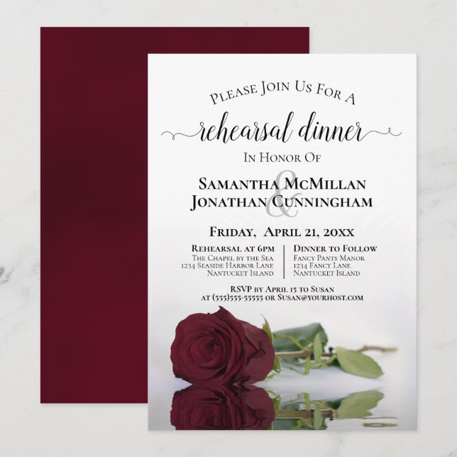 Romantic Burgundy Rose Wedding Rehearsal Dinner Invitation (Front/Back)