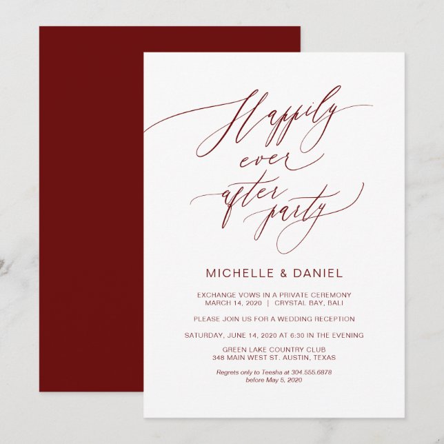Romantic Burgundy Script, Wedding Elopement Invitation (Front/Back)