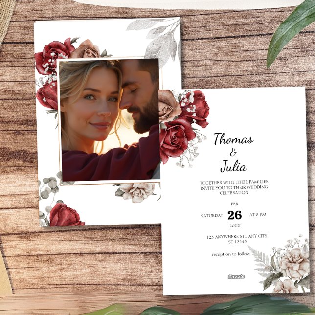 Romantic Burgundy & Silver Floral Photo Wedding Invitation (Romantic Burgundy & Silver Floral Photo Wedding Invitation)