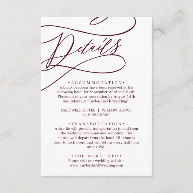 Romantic Burgundy Text Calligraphy Details Enclosure Card (Front)