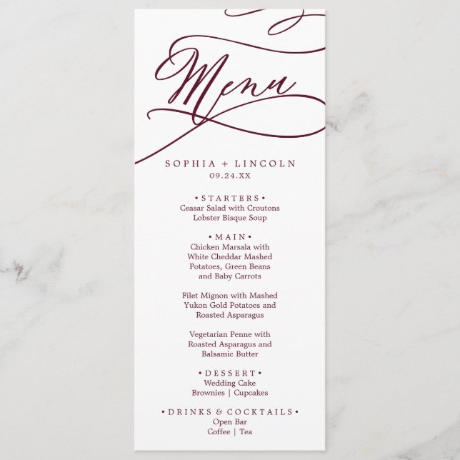 Romantic Burgundy Text Calligraphy Wedding Dinner Menu (Front)
