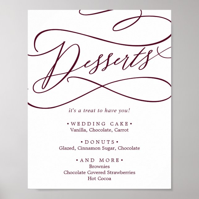 Romantic Burgundy Text Wedding Desserts Poster (Front)