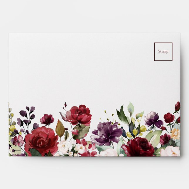 Romantic Burgundy Watercolor Floral Wedding Envelope (Front)