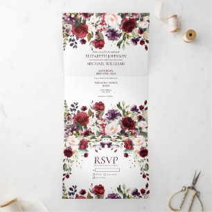 Romantic Burgundy Watercolor Floral Wedding Tri-Fold Invitation