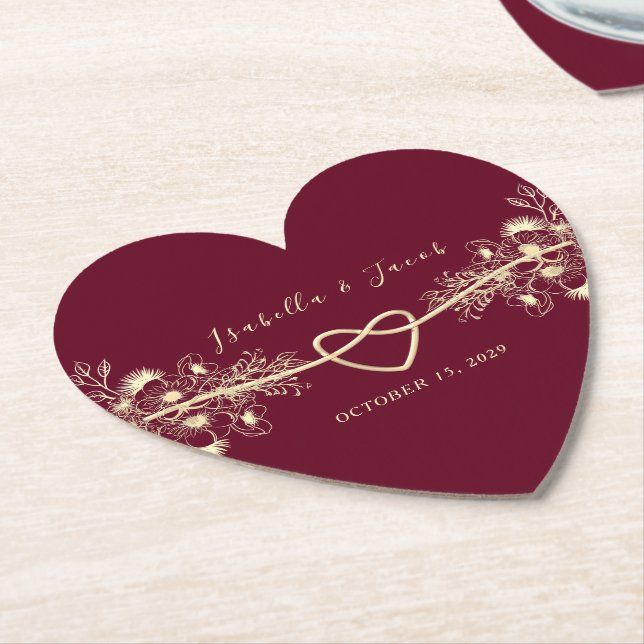 Romantic Burgundy Wedding Paper Coaster (Angled)