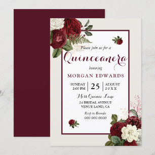 Romantic Burgundy White Floral Quinceanera Invite