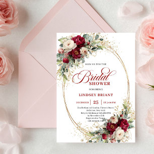 Romantic Burgundy White Roses Gold Bridal Shower Invitation