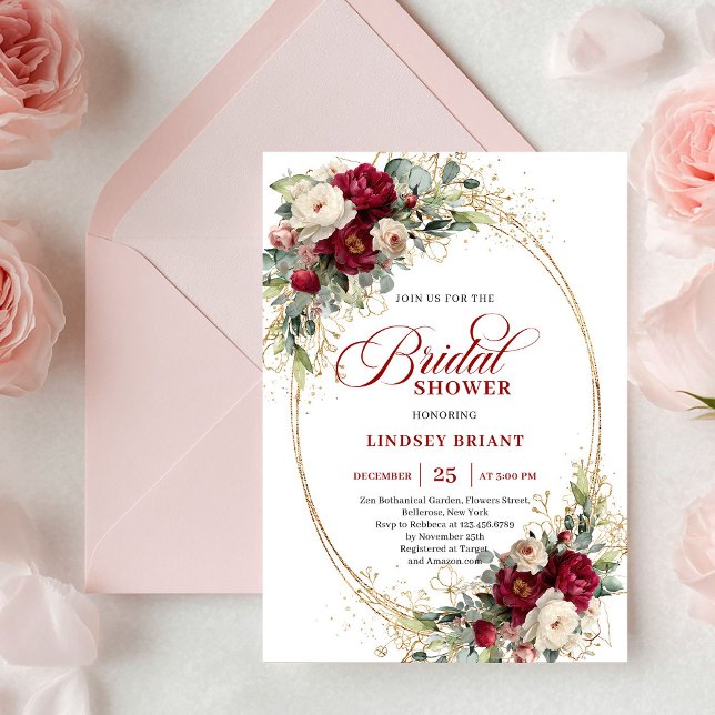 Romantic Burgundy White Roses Gold Bridal Shower  Invitation (Romantic Burgundy White Roses Gold Bridal Shower Invite)