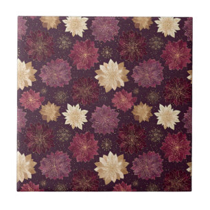 Romantic Burgundy Winter Garden Gold Floral Tile