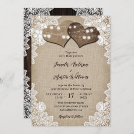 Romantic Burlap and Lace String Lights Wedding Invitation