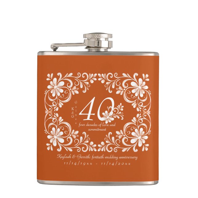 Romantic Burnt Orange 40 Wedding Anniversary Flask (Front)