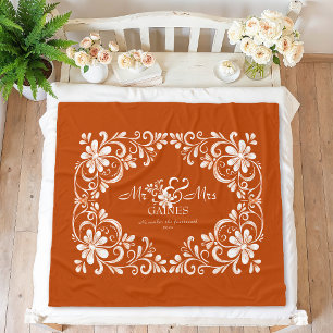 Romantic Burnt Orange Shabby Chic Mr & Mrs Floral Fleece Blanket