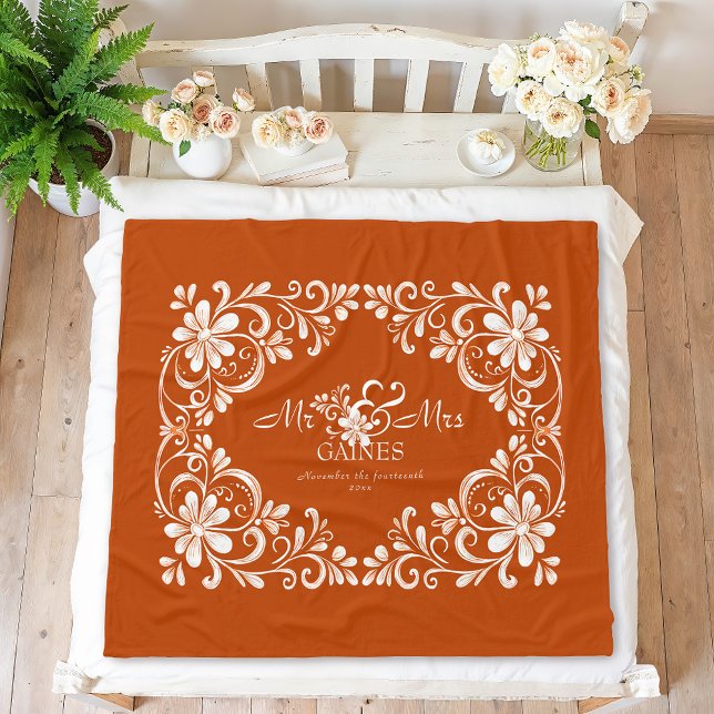 Romantic Burnt Orange Shabby Chic Mr & Mrs Floral  Fleece Blanket (Creator Uploaded)