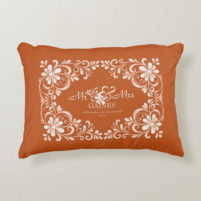 Romantic Burnt Orange Shabby Chic Mr Mrs Wedding Decorative Cushion (Front)