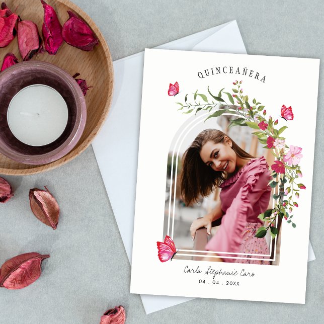 Romantic Butterflies Spanish Quinceañera Photo Invitation (Creator Uploaded)