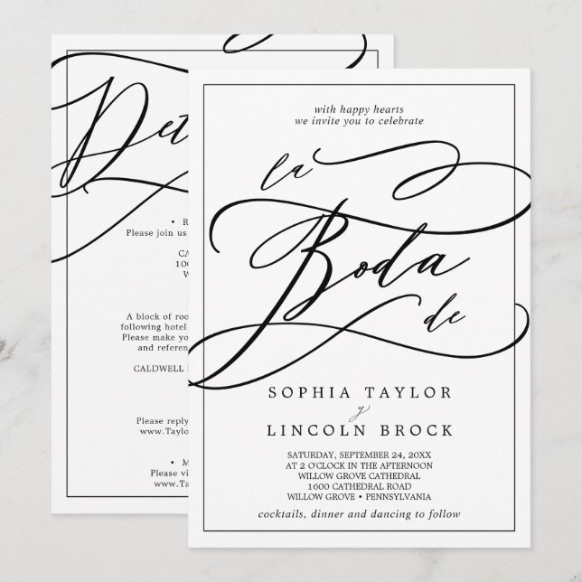 Romantic Calligraphy | All In One Spanish Wedding Invitation (Front/Back)