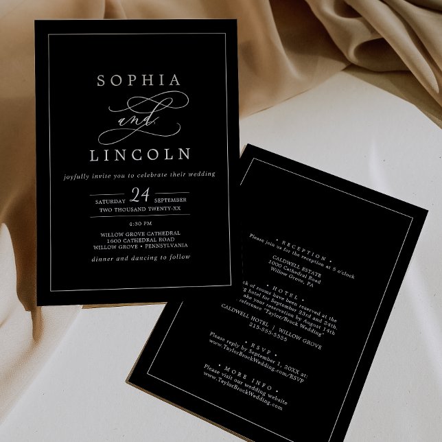 Romantic Calligraphy | Black All In One Wedding Invitation (Creator Uploaded)