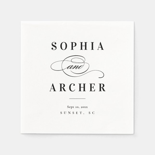 Romantic Calligraphy Black and White Wedding Napkin (Front)