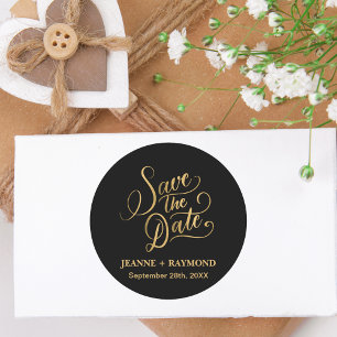 Romantic Calligraphy Black Gold Foil Save the Date Classic Round Sticker