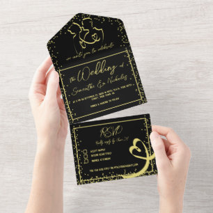 Romantic Calligraphy Black & Gold Wedding All In One Invitation