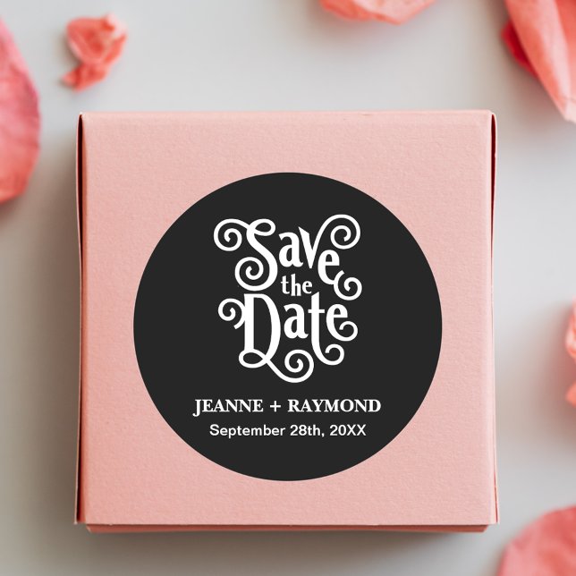 Romantic Calligraphy Black Save the Date Wedding Classic Round Sticker (Creator Uploaded)