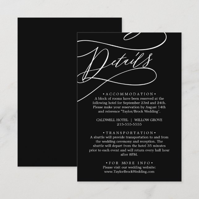 Romantic Calligraphy | Black Wedding Details Enclosure Card (Front/Back)