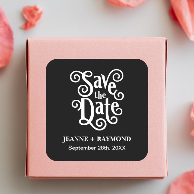 Romantic Calligraphy Black Wedding Save the Date Square Sticker (Creator Uploaded)