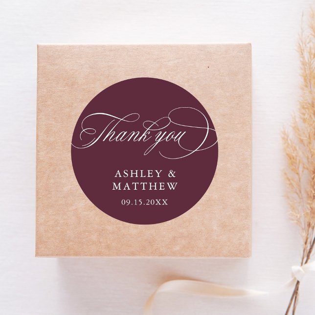 Romantic Calligraphy Burgundy Wedding Thank You Classic Round Sticker (Creator Uploaded)