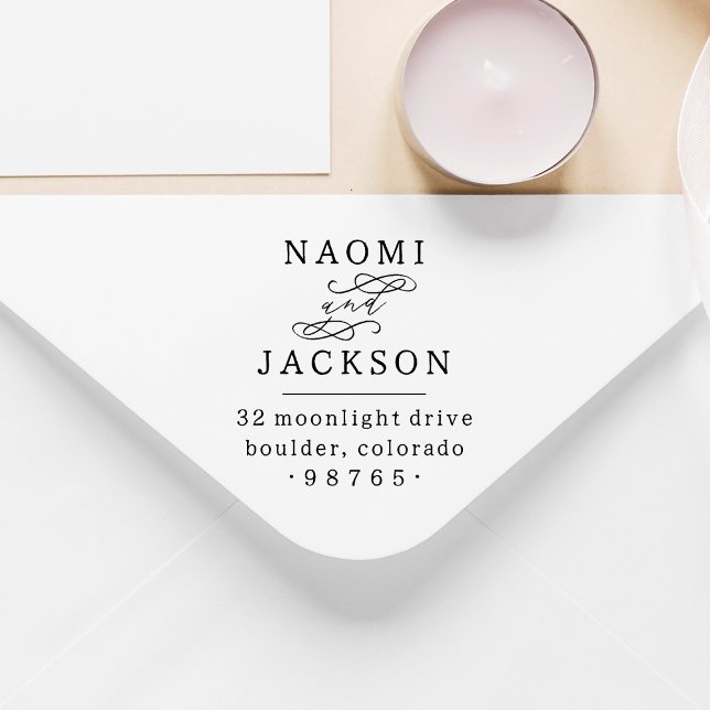 Romantic Calligraphy Couple Wedding Return Address Self-inking Stamp (Rubber Stamp Mock-up)