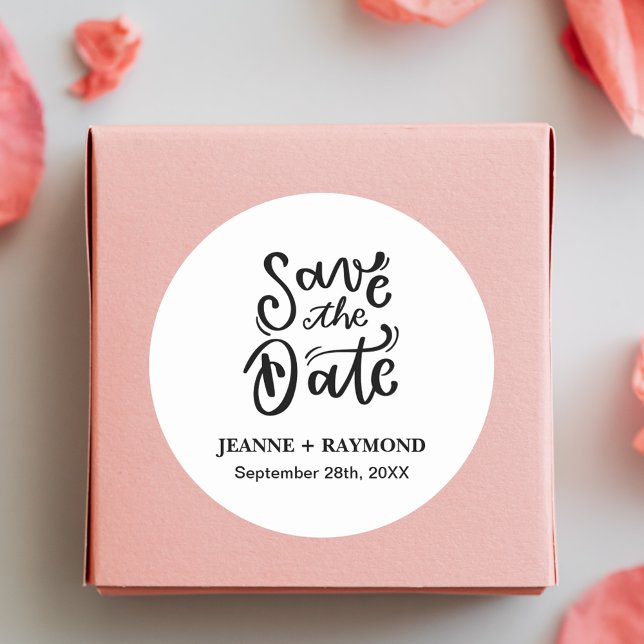 Romantic Calligraphy Custom Wedding Save the Date  Classic Round Sticker (Romantic custom calligraphy save the date round sticker adds personal elegance to invites)