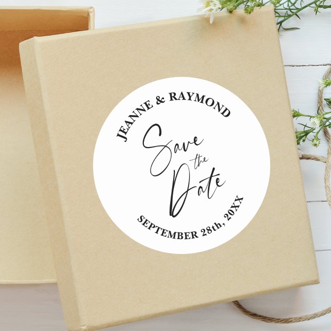 Romantic Calligraphy Custom Wedding Save the Date Classic Round Sticker (Romantic calligraphy save the date sticker adds elegant personalized style to wedding mailings.)