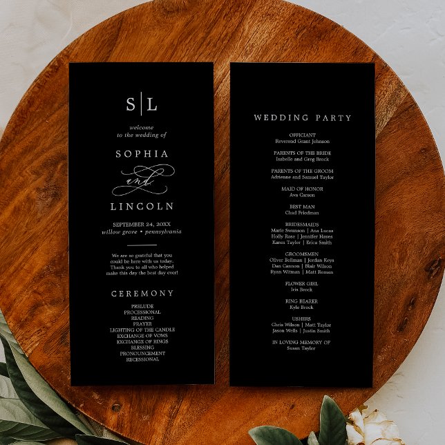 Romantic Calligraphy | Dark Black Monogram Wedding Programme (Creator Uploaded)