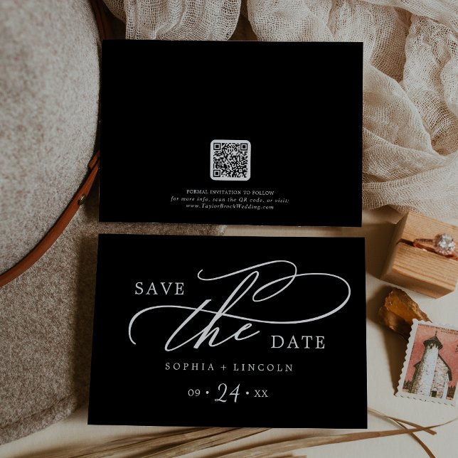 Romantic Calligraphy | Dark Black QR Code Save The Date (Creator Uploaded)