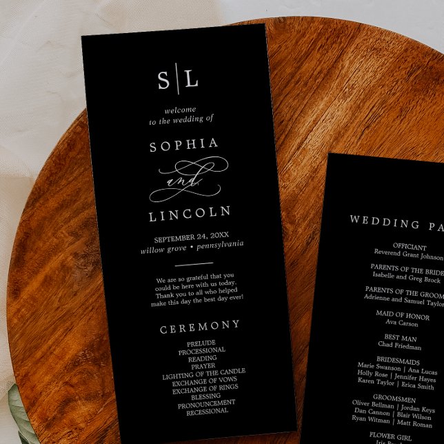 Romantic Calligraphy | Dark Black Wedding Program Invitation (Romantic Calligraphy | Dark Black Wedding Program)